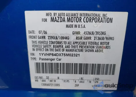 2007 Mazda Mazda6 S Sport Ve from USA, damaged, VIN 1YVHP84DX75M02321